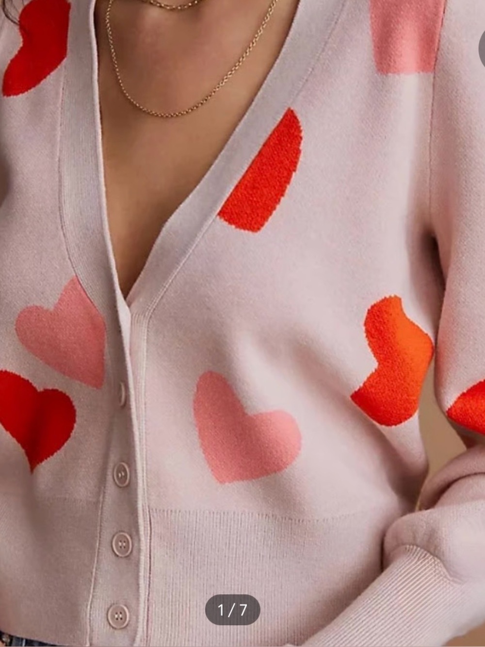 Maeve Pink Lavender Cardigan with Red and Coral Heart Pattern